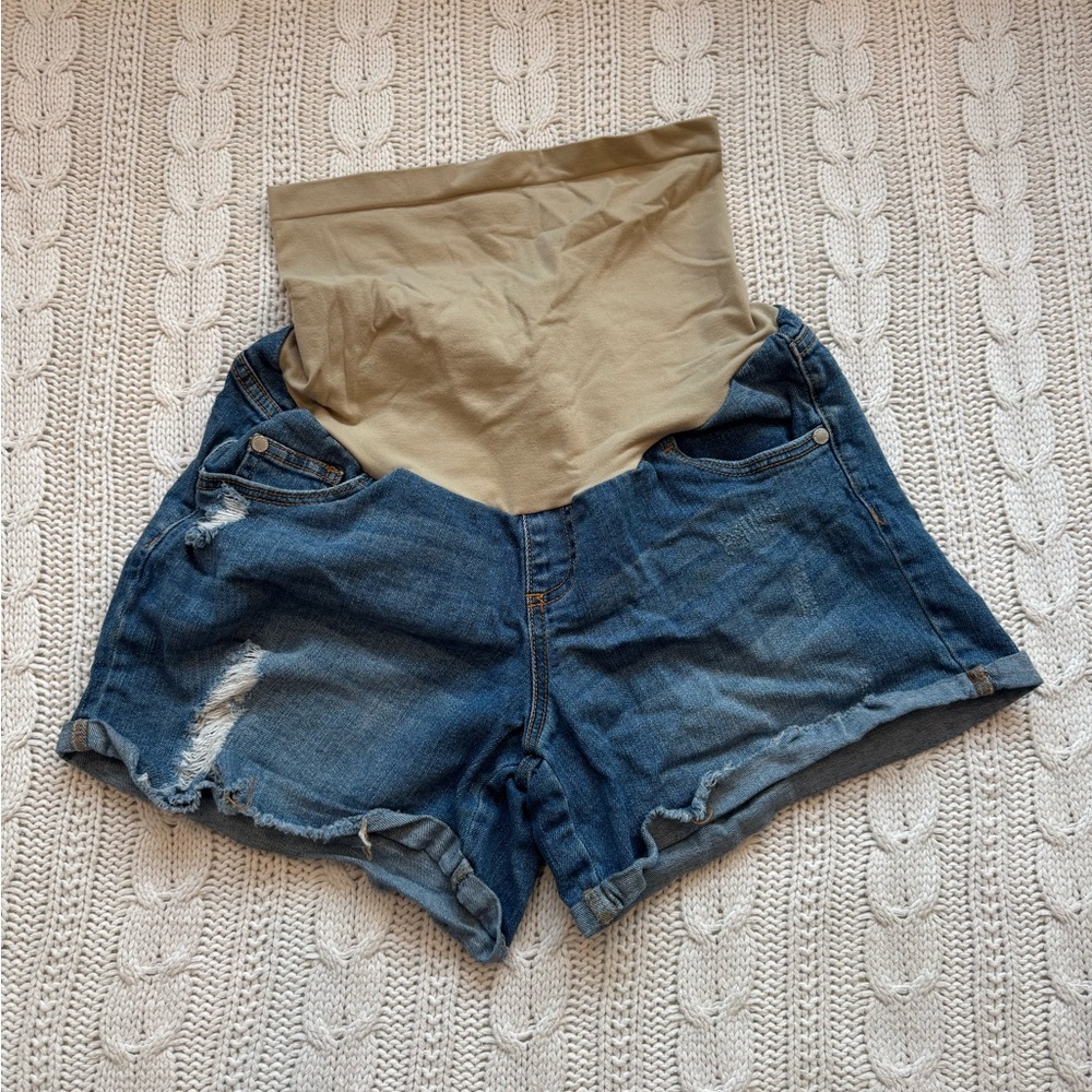 Indigo Blue distressed maternity Denim Shorts with Tan Band - Large